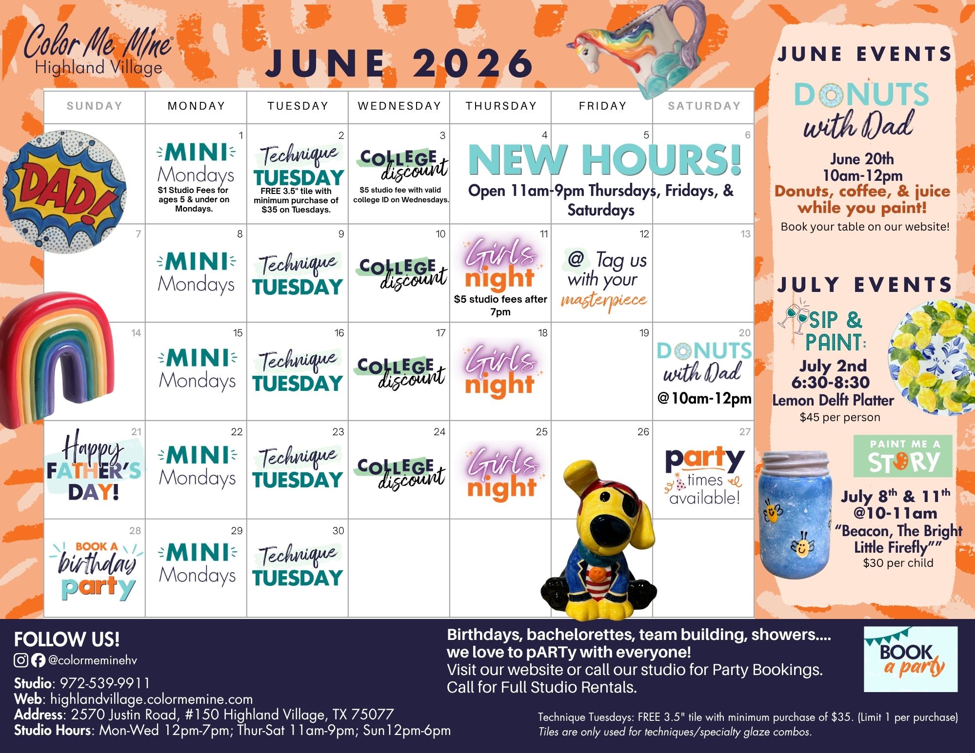June Calendar for Color Me Mine of Highland Village