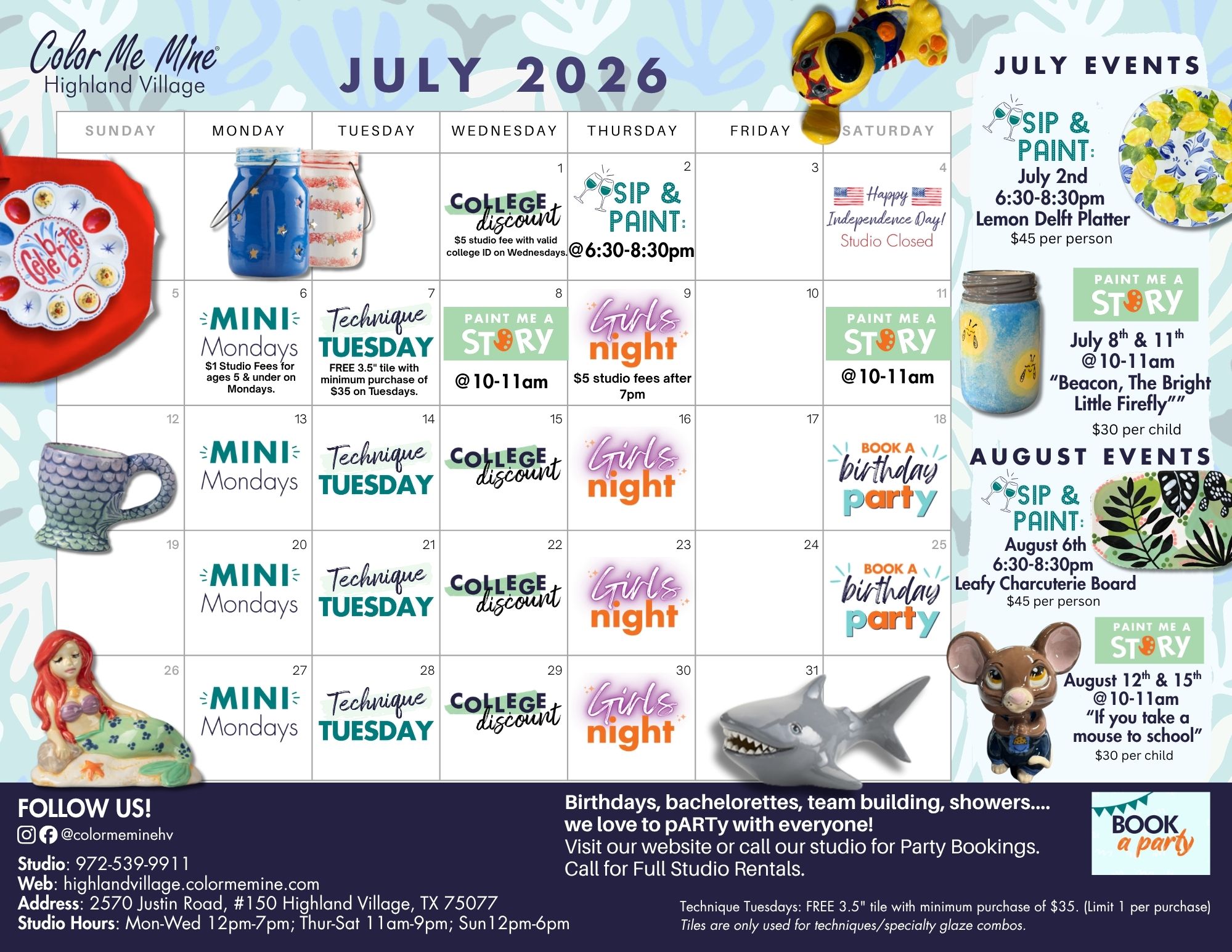 Color Me Mine of Highland Village July 2026 Calendar